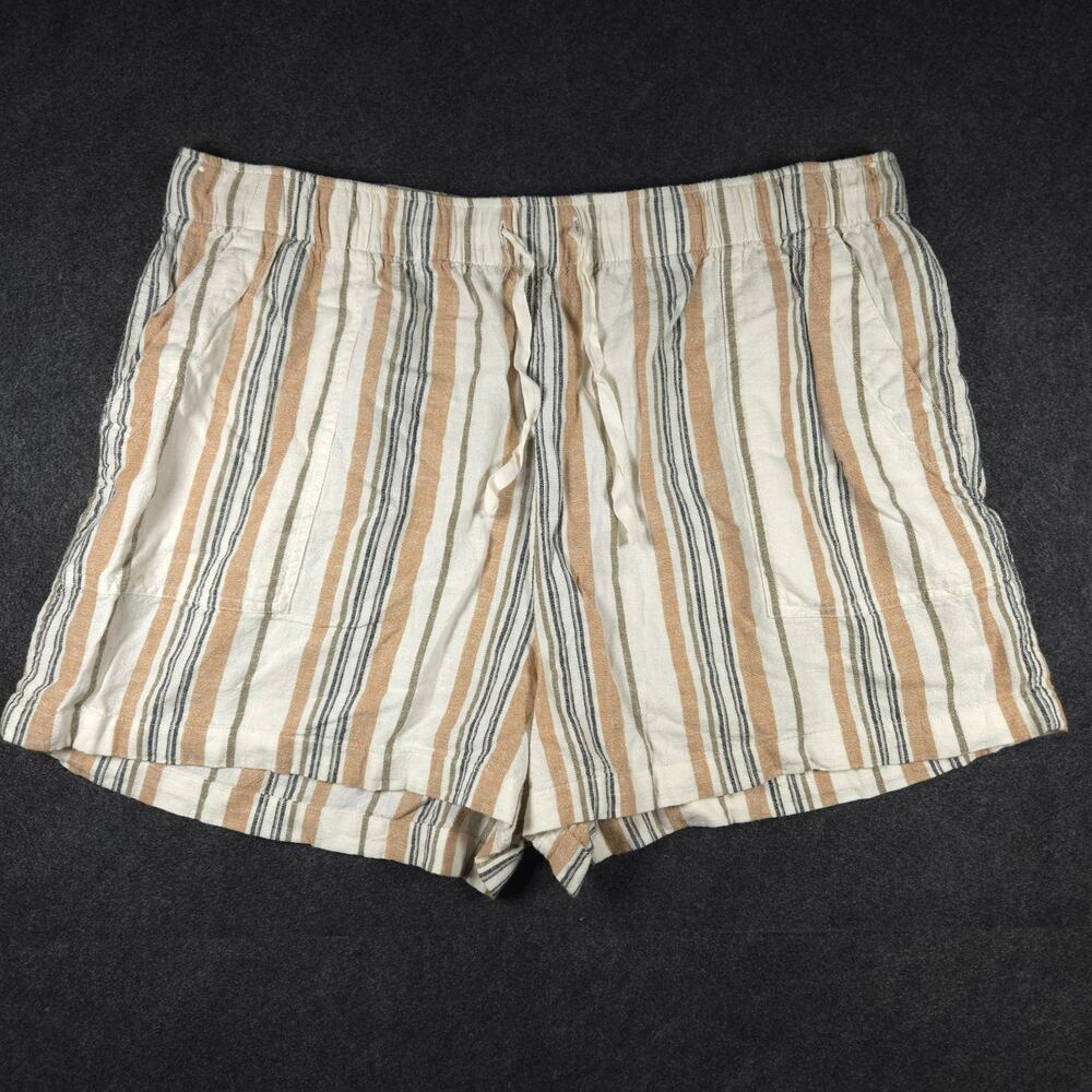 LUCKY BRAND Linen Blend Shorts Size XL Tan Grey Stripe Elastic Waist Boho Beachy